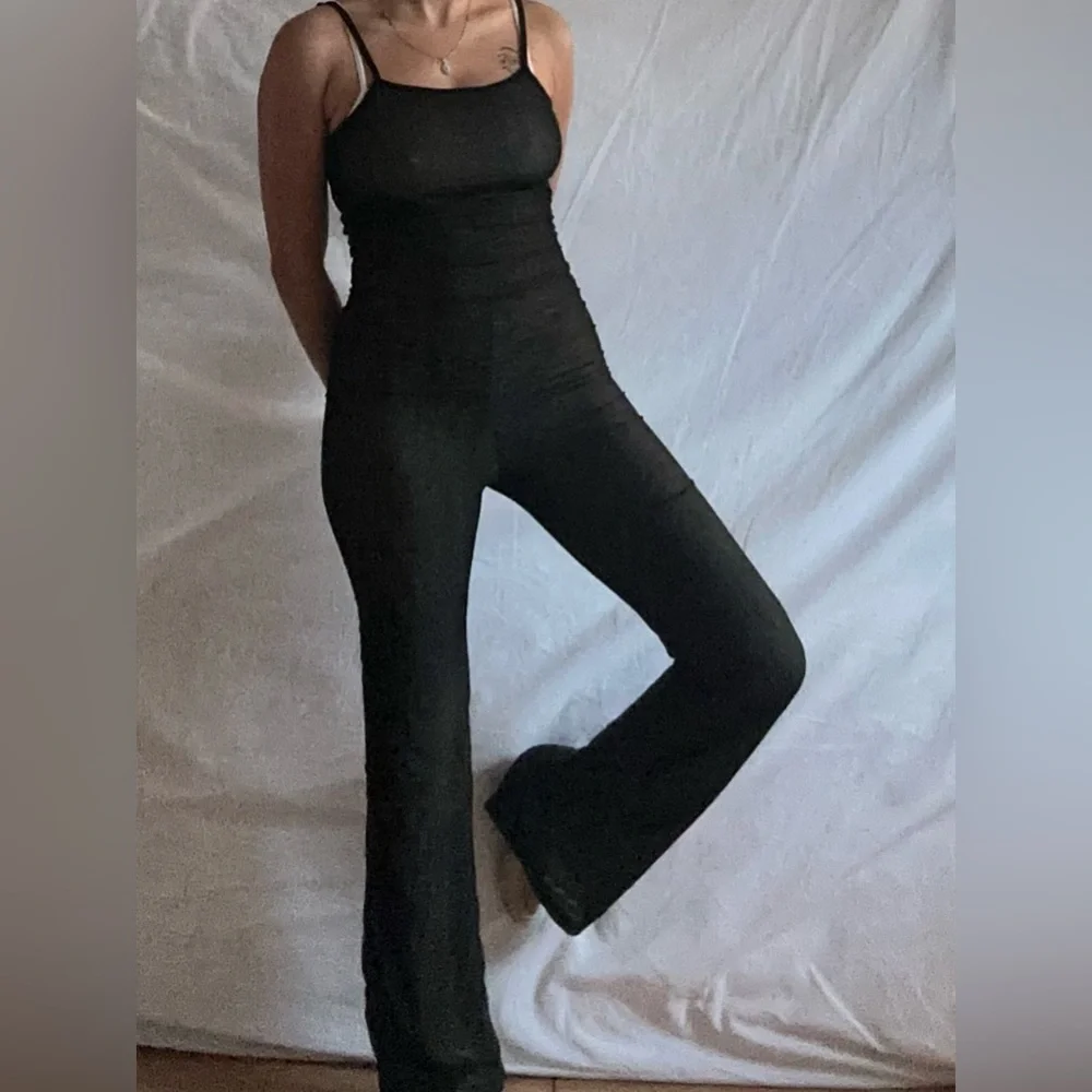Vintage Sheer Green and Black Jumpsuit with Contrasting Trippy Swirl Lining M/L - Picture 2 of 16